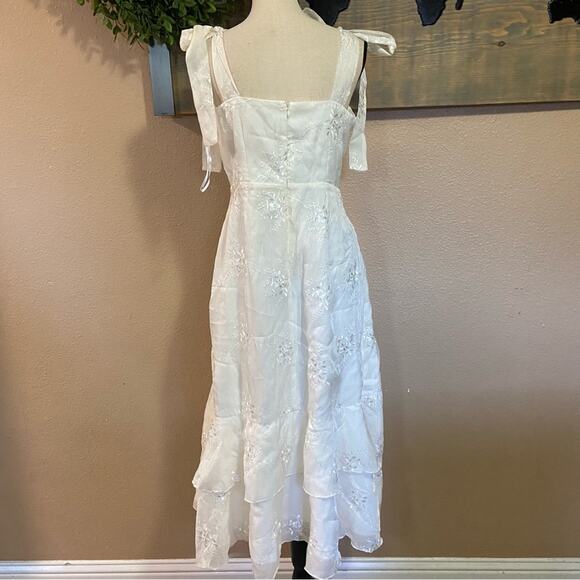 NWOT Lulus Elegant Direction Ivory Embroidered Ruffled Tie-Strap Midi Dr… - Picture 2 of 15